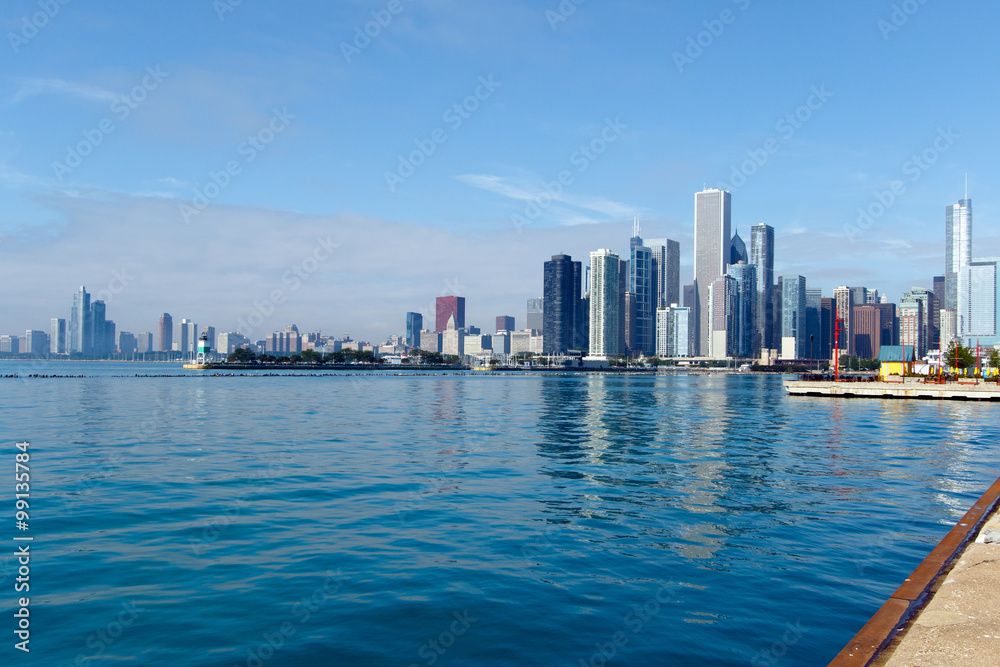 Color DSLR image of downtown Chicago skyline, as seen from Navy Pier, looking south