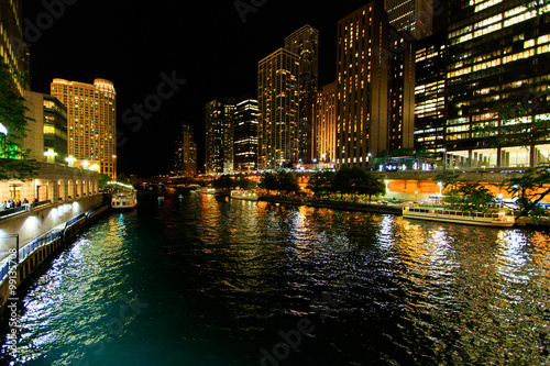 Color DSLR night image of City of Chicago as seen up the Chicago River