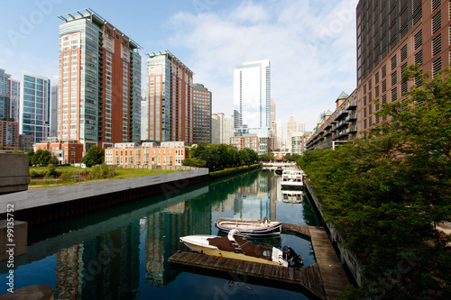 Color DSLR image of City of Chicago, looking up the Chicago River