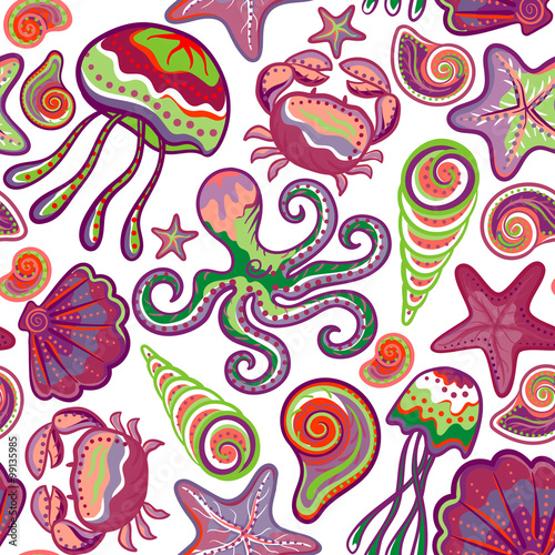 Colorful seamless pattern with fish starfish shells crab octopus. Sea life vector illustration.