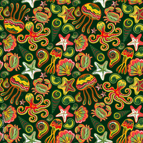 Seamless marine pattern. Sea, octopus, crab, corals, fish, anchor, starfish, seahorse. The underwater world.