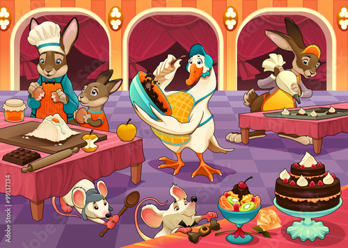 Funny animals are cooking cakes and cookies