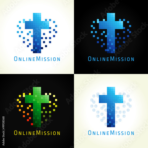 The digital pixel christian logo. Template logotype for the online churches, missions, internet bible colleges and ministries in the form of cross and heart with pixels.