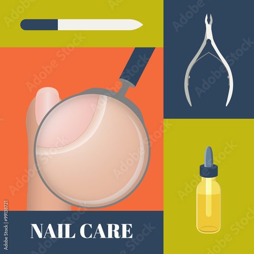 Flat icons set of manicure tools- nippers, a nail file and cuticle essential oil. Vector illustration of a magnifier showing cuticle. Concept of healthy nails and cuticle.