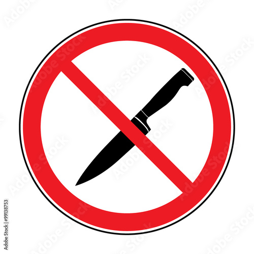 No Knife or No Weapon Sign. No weapon allowed symbol. Knife cross out. Prohibited icon in a red circle isolated on a white background. Flat design style. Stock vector illustration