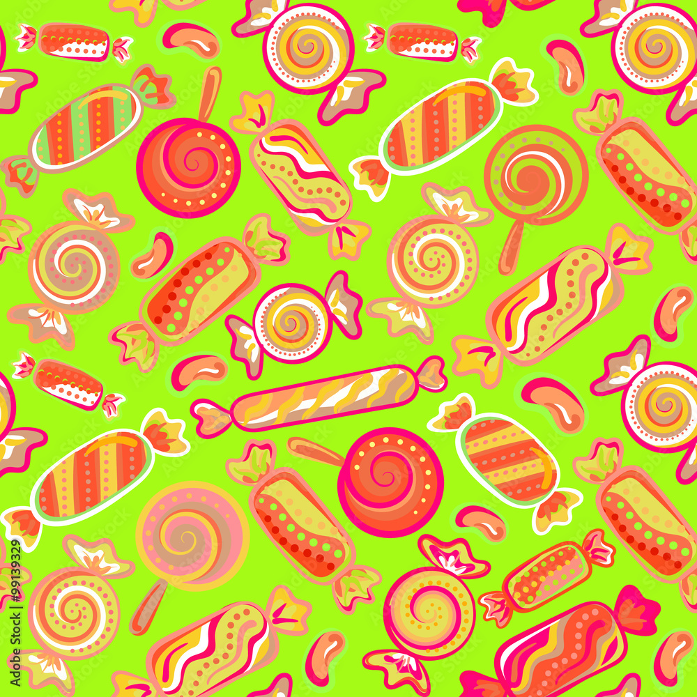 Vector seamless hand draw background on a white. Bright backdrop with candies Vector seamless hand draw background on a white. Bright backdrop with candies