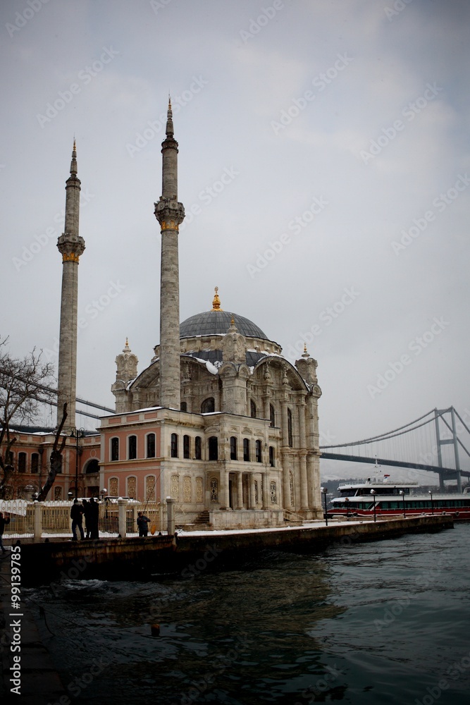 Ortakoy Mosque in Istanbul on a snowy Day