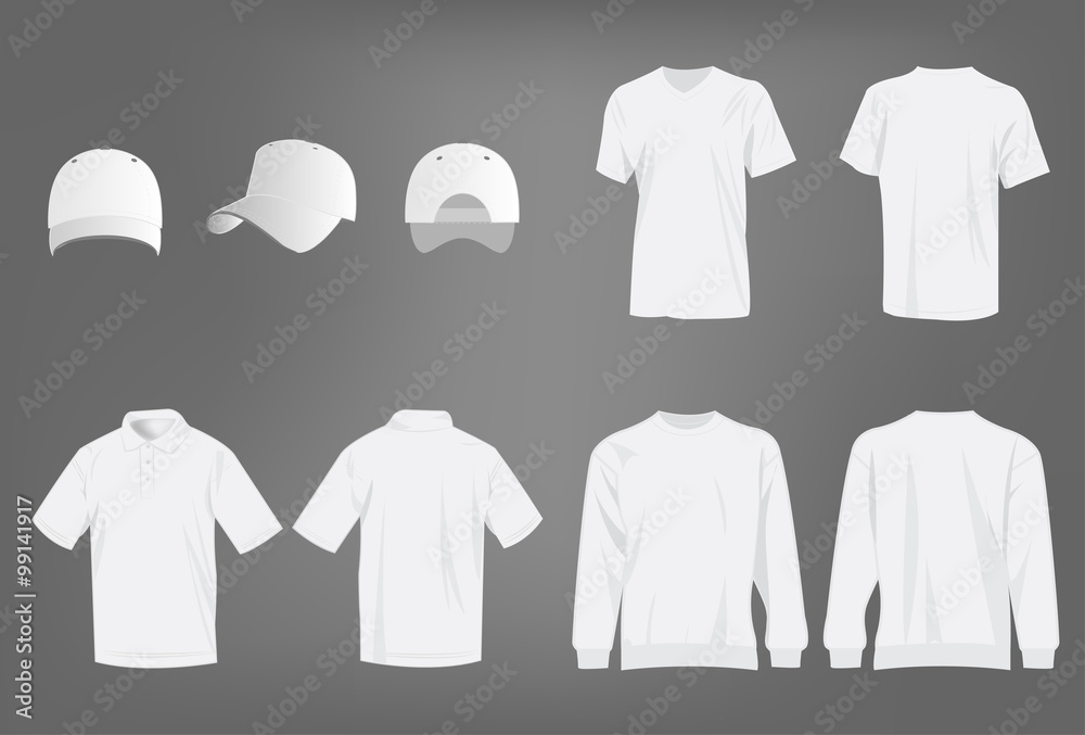 Sport white t-shirt, sweater, polo shirt and baseball cap isolated set vector Sport white t-shirt, sweater, polo shirt and baseball cap isolated set vector