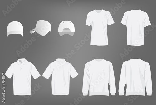 Sport white t-shirt, sweater, polo shirt and baseball cap isolated set vector