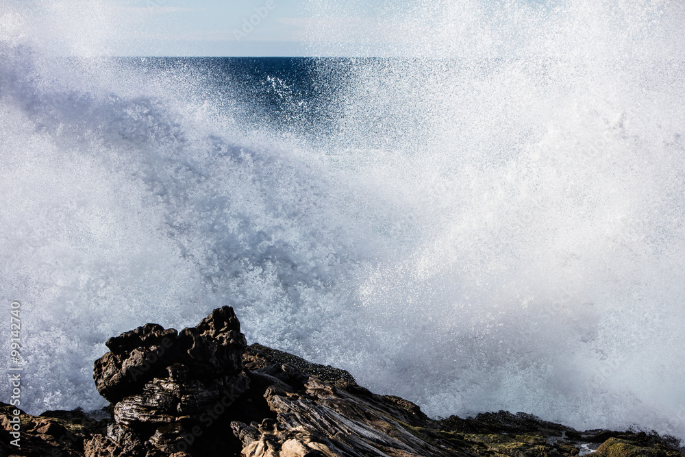Obraz premium Wave Crashing on Rocky Coast