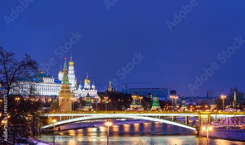 Kremlin embankment. Bolshoy Kamenny Bridge. Morning blue hour winter shot