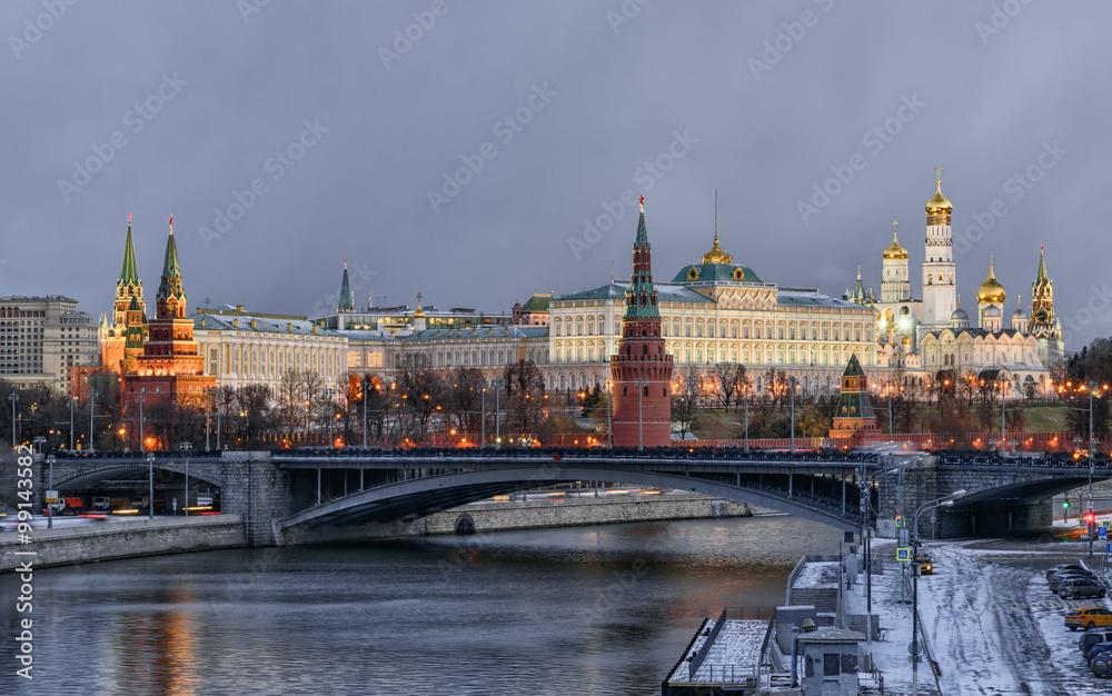 Kremlin embankment. Morning blue hour winter shot