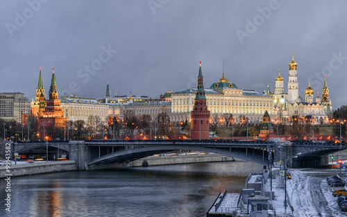 Kremlin embankment. Morning blue hour winter shot