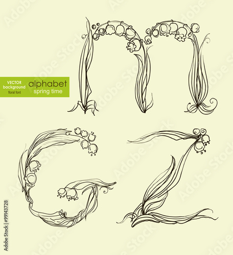 Spring floral stylized hand drawing alphabet.  Vector illustration.