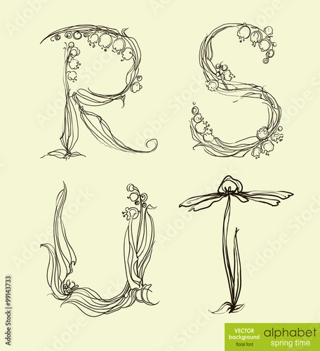 Spring floral stylized hand drawing alphabet.  Vector illustration.