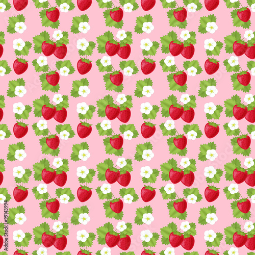 苺（いちご）・花・葉 シームレスパターン ピンク