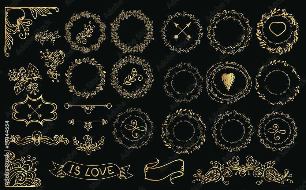Collection of handdrawn gold laurels and wreaths. Collection of handdrawn gold laurels and wreaths.