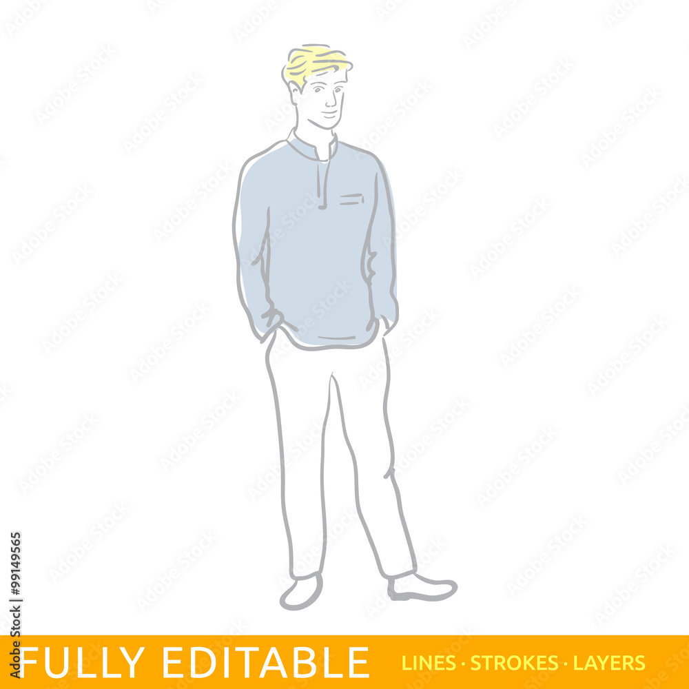 Young man is standing, hands in pockets. Office life. Sketch lineart illustration of character. Fully editable outlines, saved brushes and layers.