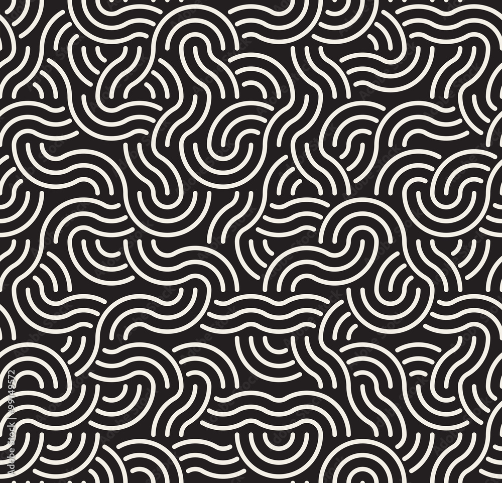 Vector Seamless Black and White Rounded Arc Lines Irregular Interlacing Pattern