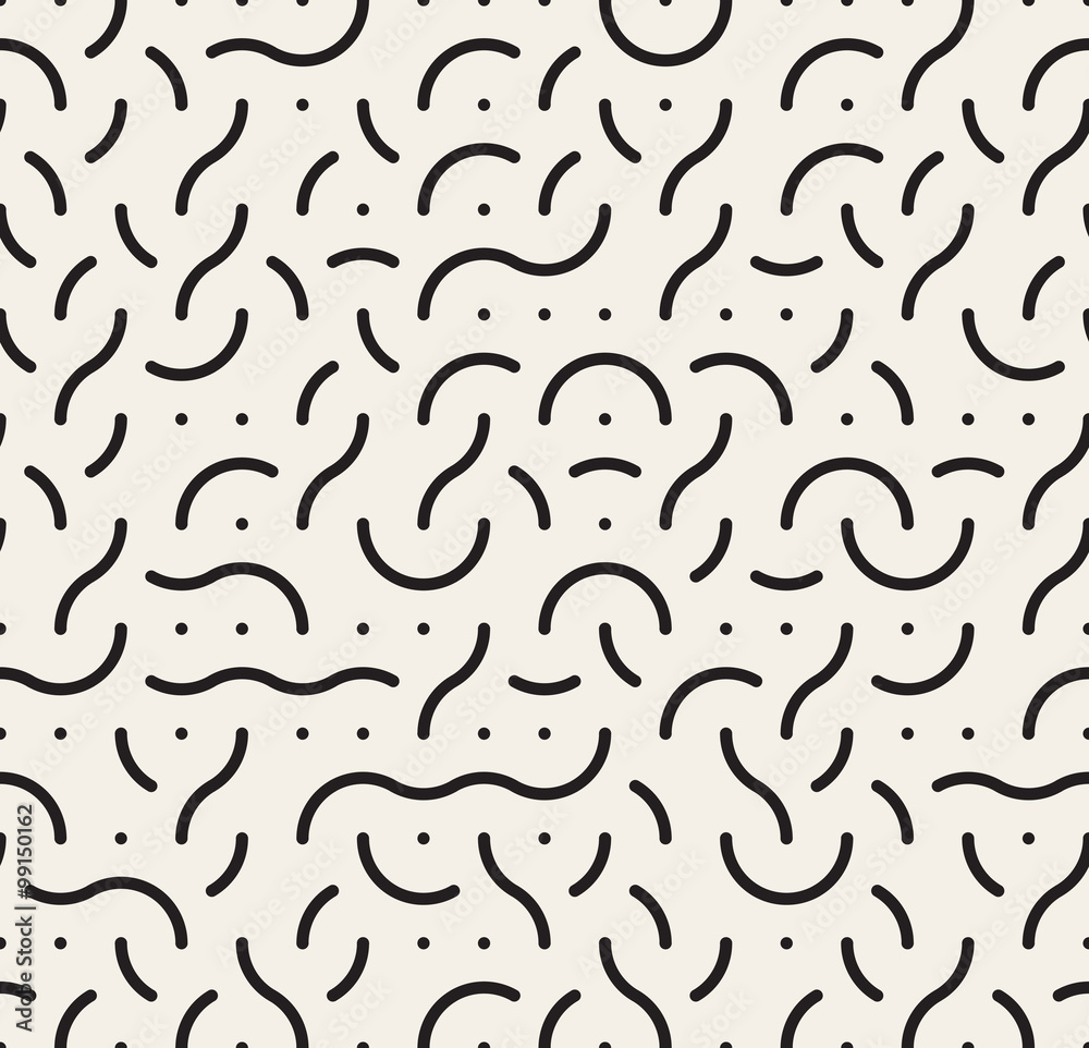 Vector Seamless Black and White Rounded Lines Memphis Style Jumble Pattern Vector Seamless Black and White Rounded Lines Memphis Style Jumble Pattern