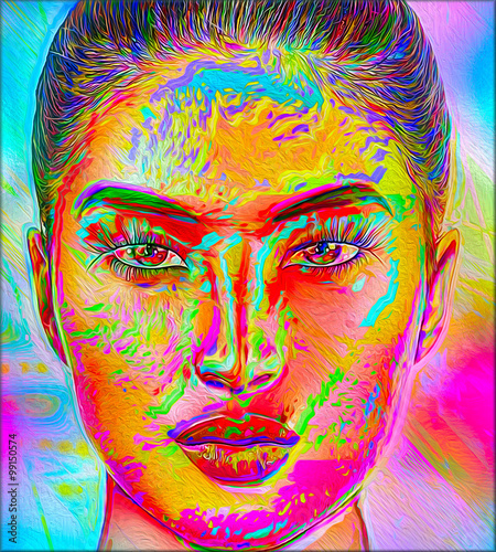 Modern digital art image of a woman's face.  Colorful abstract effect for this beautiful woman's close up face. Modern digital art image of a woman's face on an abstract background. © Composed Lunacy