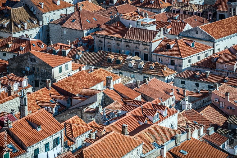 red roofs of Old Town buildings seen from Walls of Dubrovnik in Croatia