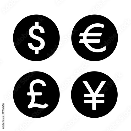 Dollar, Euro, Yen / Yuan and Pound round currency exchange flat icon for apps and websites