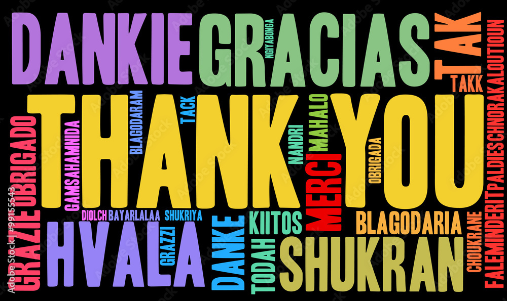International Thank You word cloud. Each word used in this word cloud is another language's version of the word Thank You.