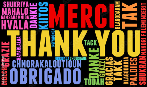 International Thank You word cloud. Each word used in this word cloud is another language's version of the word Thank You.