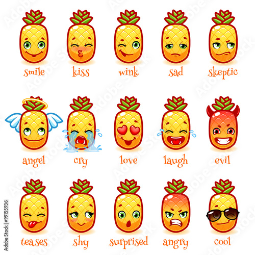 Set of emoticons funny pineapple.