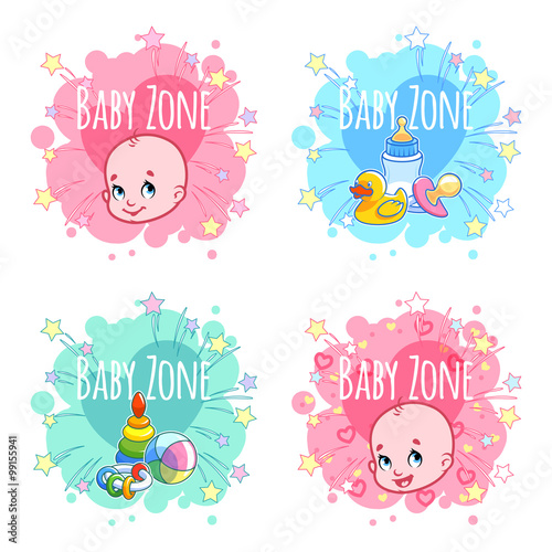 Set of four banners "Baby Zone" with portraits of infants and ch