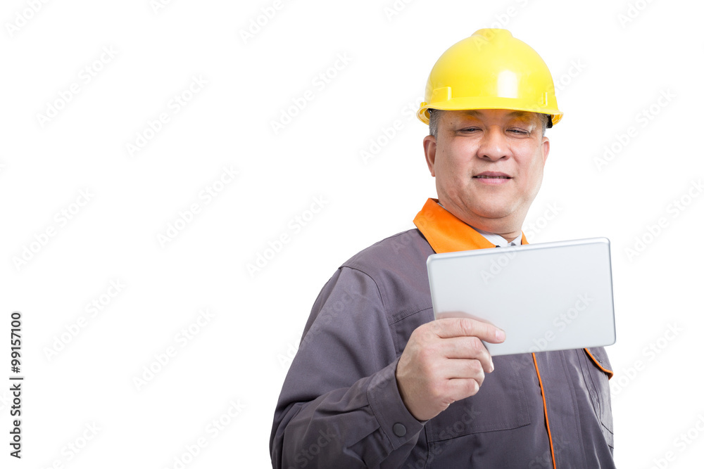 isolated engineer in hardhat with electron tablet isolated engineer in hardhat with electron tablet