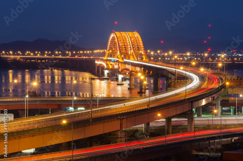 Han river with Seongsan bridge at night in Seoul, Korea (long exposure)