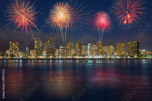 Colorful firework over Honolulu skyline Hawaii