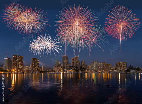 Colorful firework over Honolulu skyline Hawaii