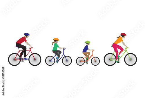 Father, mother and kids biking.
