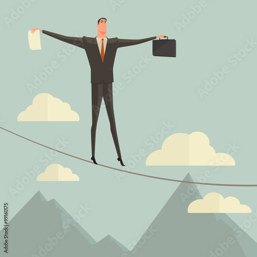 Conceptual concept of businessman or man in crisis walking in balance on rope over blue sky background,metaphor to business,danger,risk,risky,finance,fall, dangerous,equilibrium,hazard or success.