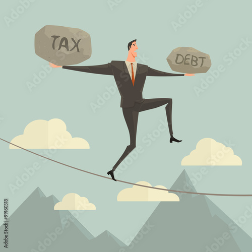 Conceptual concept of businessman or man in crisis walking in balance on rope over blue sky background,metaphor to business,danger,risk,risky,finance,fall, dangerous,equilibrium,hazard or success.
