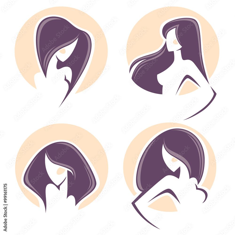 beautiful woman with long hair, vector emblems and logo beautiful woman with long hair, vector emblems and logo