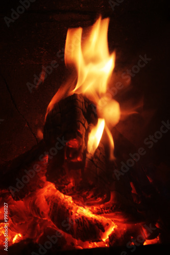 detail of burning wood in the fireplace