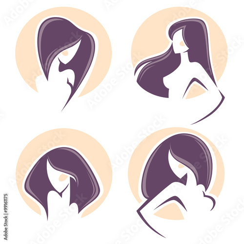 beautiful woman with long hair, vector emblems and logo