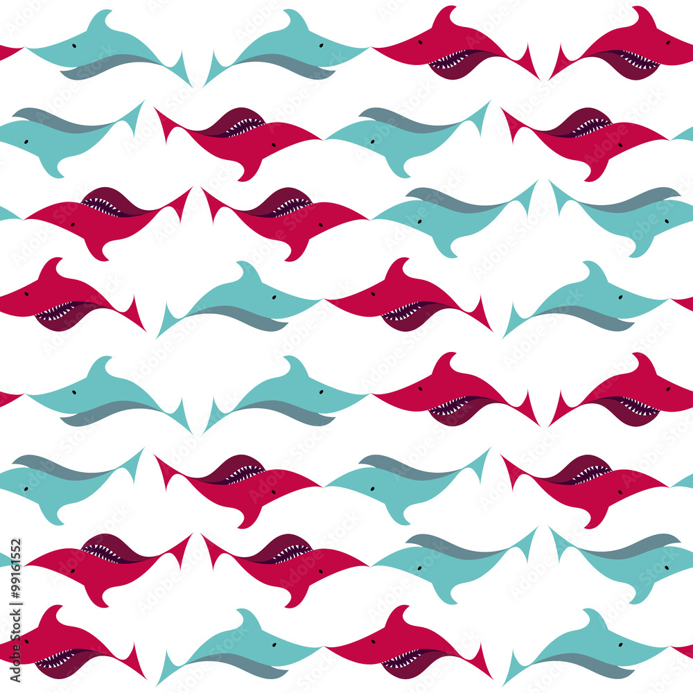 Colourful seamless pattern with sharks. Shoal of sharks isolated on white background. Underwater texture design.
Colourful seamless pattern with sharks. Shoal of sharks isolated on white background. Underwater texture design.