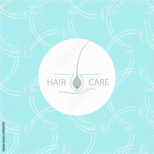 Hair medical diagnostics symbol on blue background made of outlined hair bulbs. Hair care logo. Vector illustration of a hair bulb and blood vessels. Can be used by hair clinics, diagnostic centers.