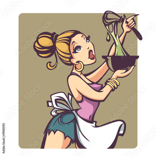 blonde girl making paste, vector cartoon illustration