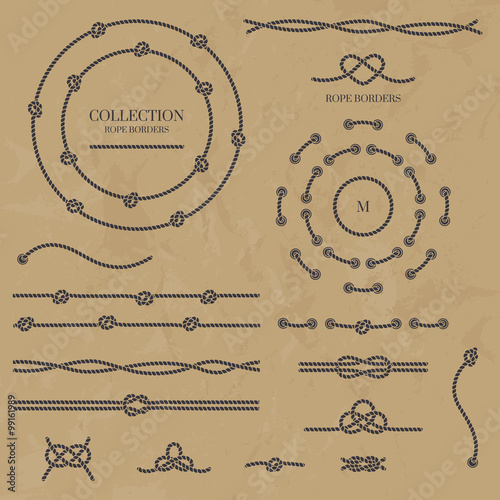 Rope frames, borders and knots. Decorative elements in marine style.