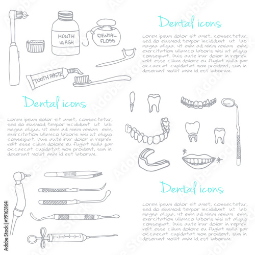 Hand drawn vector dental are icons on white background, Dental symbols, Dental floss, teeth, mouth, tooth paste, tooth brush, dentist instruments doodle icons, sketch, brilliant smile, tooth wash
