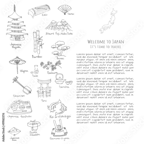 Hand drawn doodle Welcome to Japan set. Vector illustration. Sketchy Japanese related icons, Japan elements, map, pagoda, umbrella, sumo, sake, samurai, Fuji, food, sakura