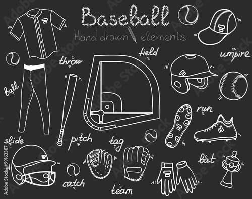 Baseball set background, hand drawn vector illustration of various stylized baseball icons, baseball equipment, baseball icons sketch, baseball field, ball, mitt
