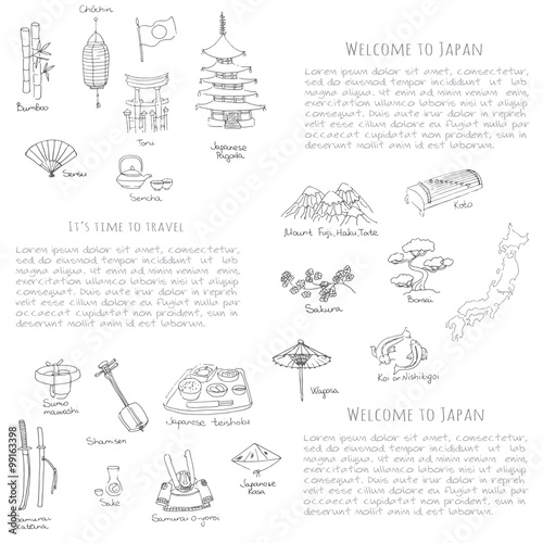 Hand drawn doodle Welcome to Japan set. Vector illustration. Sketchy Japanese related icons, Japan elements, map, pagoda, umbrella, sumo, sake, samurai, Fuji, food, sakura