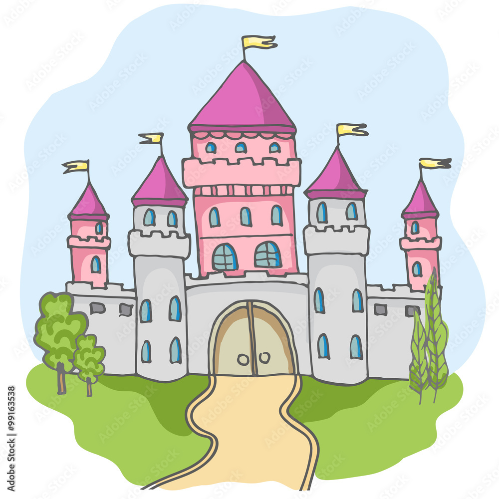 Hand drawn cartoon fairy tale castle icons, castle for princess doodle vector sketch, fairytale, game icon, cute magic castle kingdom illustration